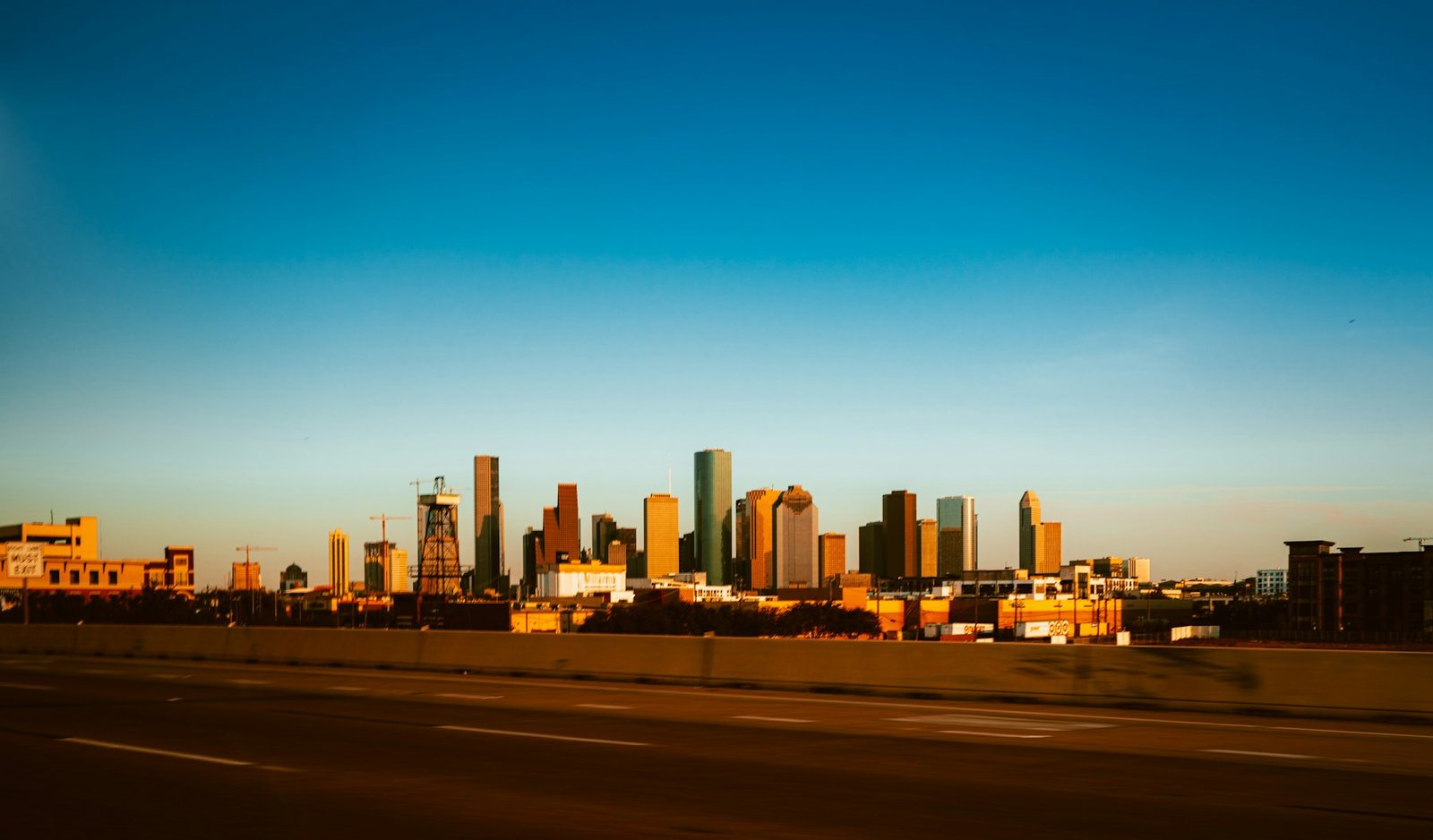 Houston skyline under a blue sky